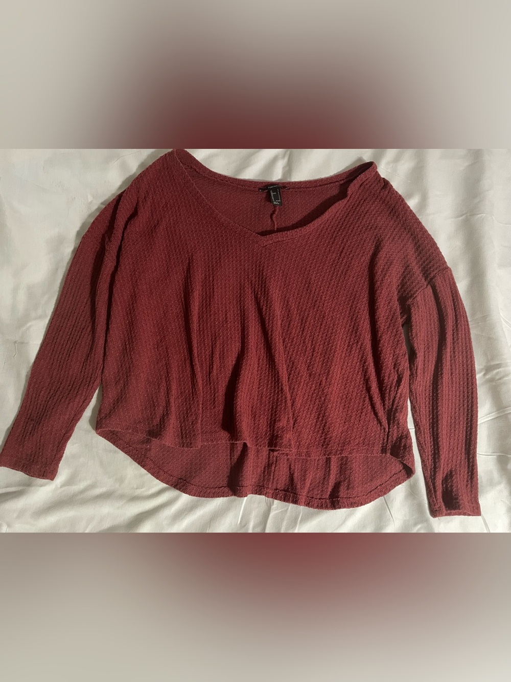Forever 21 Waffle Knit V-Neck Long Sleeve Top - Burgundy